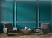 Classic green blue turquoise interior empty room with armchairs coffee table flowers mouldings and wooden floor. 3d render illustration mock up