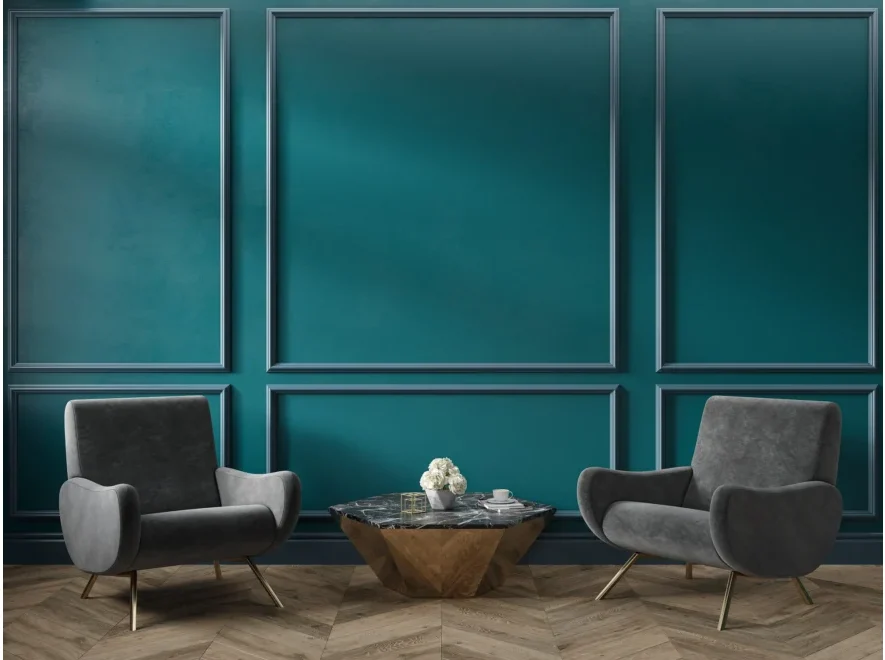 Classic green blue turquoise interior empty room with armchairs coffee table flowers mouldings and wooden floor. 3d render illustration mock up