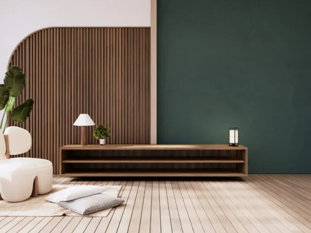 Wooden Cabinet on muji green room wooden interior. 3D rendering