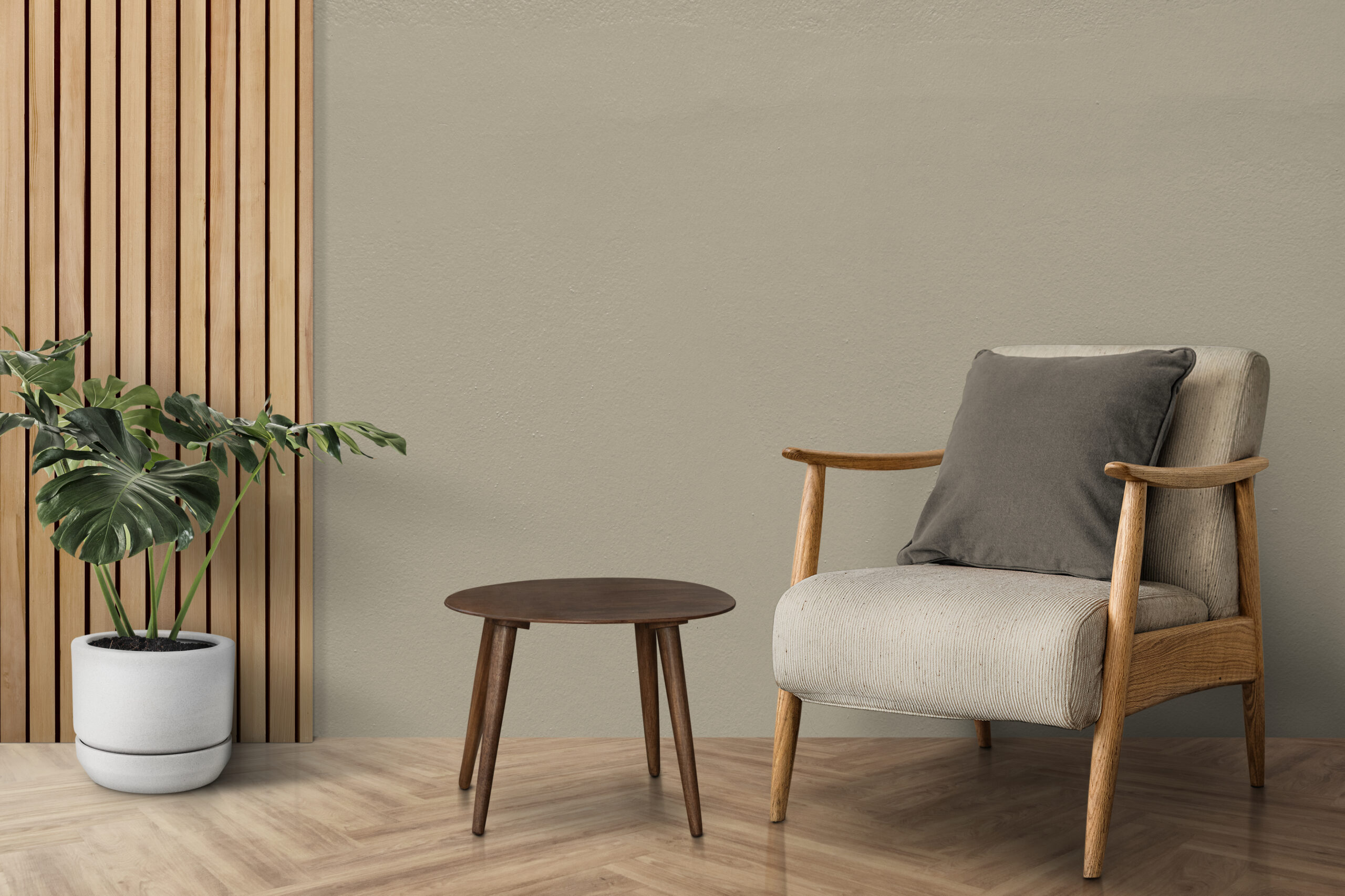 Mid century modern living room interior design with monstera tre