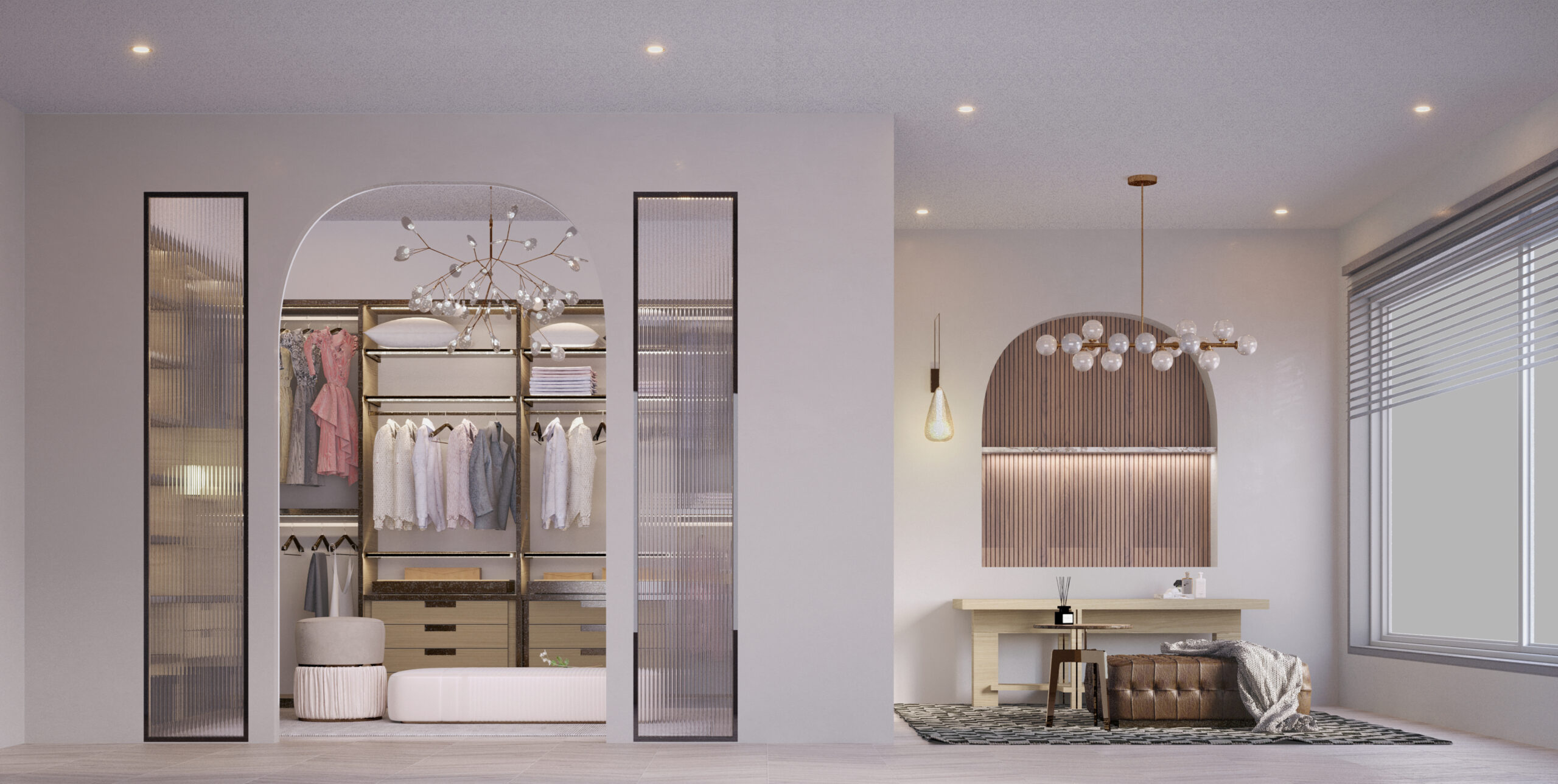 3d rendering3d illustration interior scene mockupliving room walkin closetinterior designsideboard daybedwood wall panelling decorative