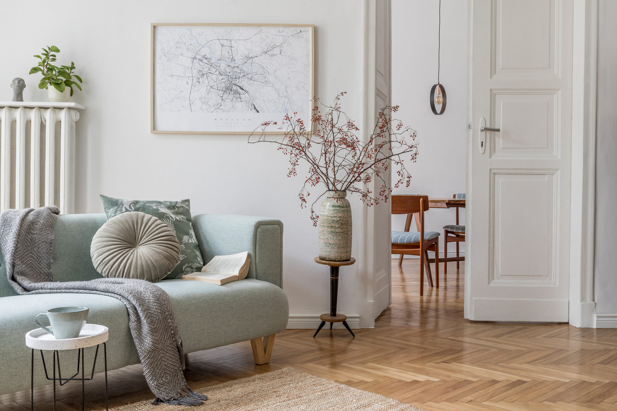 Cozy and creative composition of stylish living room interior de